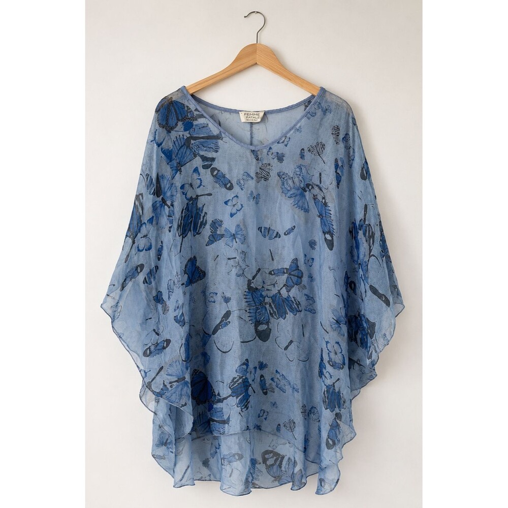 Femme Fatale Blue Butterfly Sheer Chiffon Poncho Blouse Made in Italy One Size